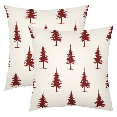 aportt Christmas Pillow Covers 18x18 Set of 2, Red Pine Tree Linen Cushions, Festive Winter Decor for Living Room