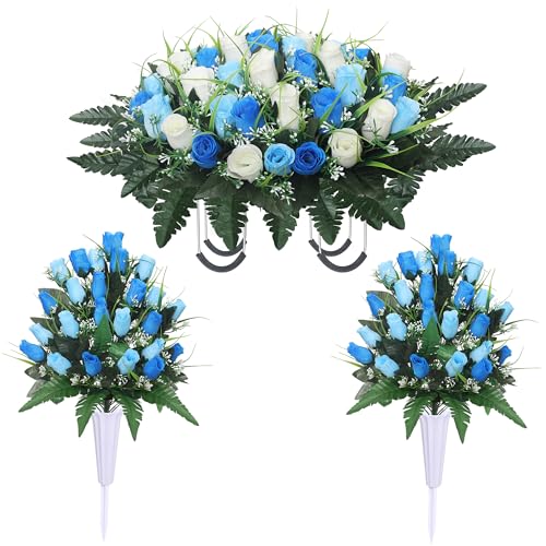 Lodou Artificial Cemetery Flower for Graves,Headstone Flower Saddle,Cemetery Memorial Flowers with Vase and 2 Memorial Bouquets for Grave Tombstone Headstone Decoration (Blue White)