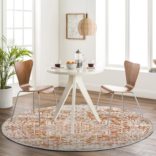 Livabliss Juliette Syracusa Round Carpet 160 cm, Living Room, Dining & Kitchen, Traditional Boho Style, Easy Care Pile, Burnt Orange Beige Pink
