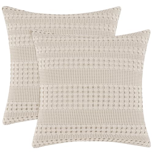 "PHF 100% Cotton Waffle Weave Throw Pillow Covers 24"" x 24"", 2 Pack Square Covers Shell for Elegant Home Decorative, No Insert, Cushion Covers for Bed Couch Sofa, Oatmeal"