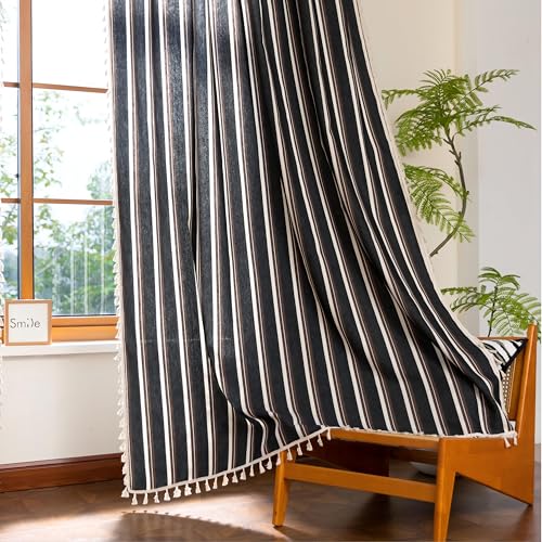 Erbnaryx Striped Curtains 102 Inch Length, Light Filtering Window Drapes with Rod Pocket and Handmade Tassels, 2 Panels, Tartan Curtains for Living Room Bedroom,Black