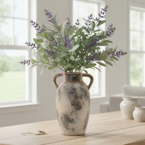 PORCER 9.84 Inch Ceramic Terracotta Vase with Handles, Boho Decor Decorative Rustic Vase for Home Decor, Farmhouse, Living Room, Table - Gray