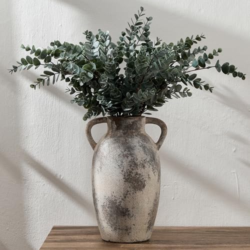 PORCER 9.84 Inch Ceramic Terracotta Vase with Handles, Boho Decor Decorative Rustic Vase for Home Decor, Farmhouse, Living Room, Table - Gray