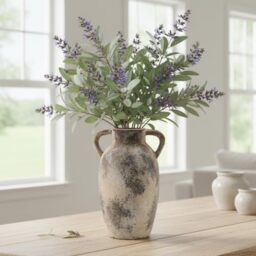 PORCER 9.84 Inch Ceramic Terracotta Vase with Handles, Boho Decor Decorative Rustic Vase for Home Decor, Farmhouse, Living Room, Table - Gray