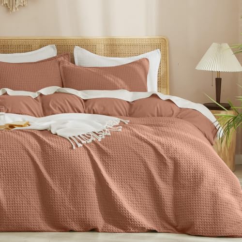 "PHF Waffle Duvet Cover Set California King, No Snagging Ultra Soft Luxury Textured Breathable Comforter Cover for All Season 3pcs, Durable Bedding Duvet Set with 2 Pillow Shams, 104""x98"", Burnt Umber"