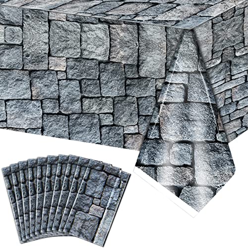 Irenare 10 Pieces Cobblestone Tablecloth Stone Printed Table Cover Medieval Table Decoration Plastic Tablecloth Stone Brick Tablecovers for Medieval Castle Knight Themed Party Supplies, 4.3 x 7.2 ft