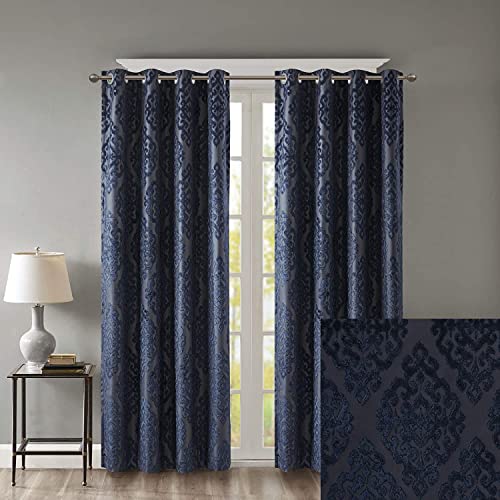 "Sun Smart 100% Total Blackout Window, Knitted Jacquard Damask Room Darkening Curtains Panel with Grommet Top, Polyester, Navy, 50"" W x 95"" L (Pack of 1)"