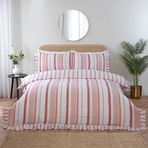 Rapport Home Frilled Bedding Set - Maya Striped Reversible Duvet Cover Set - Pink Double Size Quilt Cover