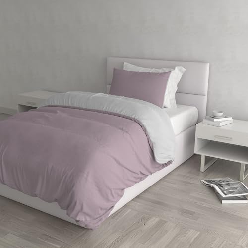 Italian Bed Linen Natural Color Duvet Cover Set with Doubleface Solid Colour Bag Sheet and Pillowcase, Misty Rose/Light Gray, small double