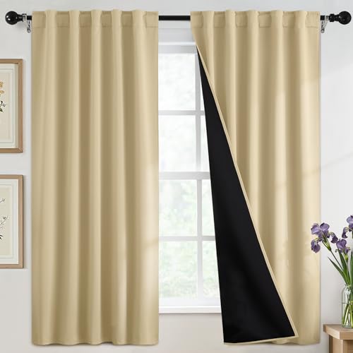 SimpleHome 100% Blackout 63 Inch Beige Curtains for Living Room - Curtains for Bedroom,Rod Pocket and Back Tab Window Drapes,Room Darkening Curtains with Black Back,52 x 63 Inch,2 Panels
