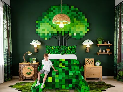 Manfei Pixelated Blocks Miners Girls Bedding Set Twin Size, Video Games Gamer Gamepad Comforter Set???Geometric Grid Patchwork Quilt Comforter Girls Boys Teens,Green Room Decor All Season,1 Pillowcase