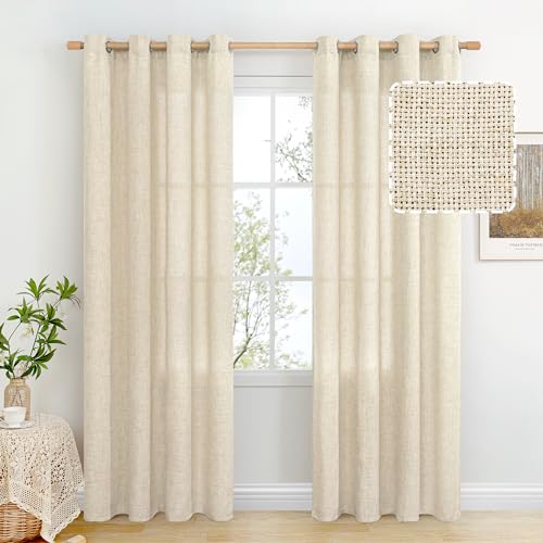 BGment Natural Faux Linen Curtains 84 Inch Length for Living Room 2 Panels Set, Light Filtering Burlap Textured Grommet Boho Privacy Window Curtain Drapes for Farmhouse, Each Panel 52 Inch Wide