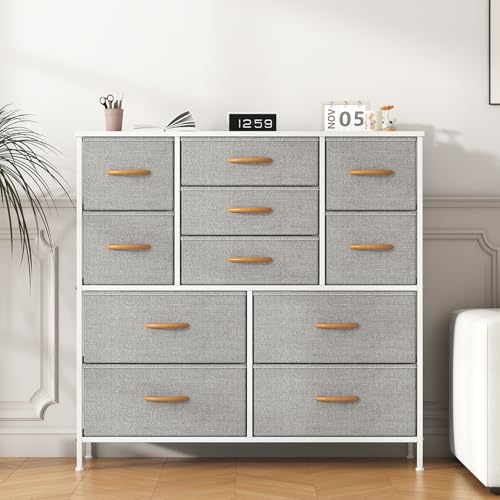 Feonase Chest of Drawers,Bedroom Tall Dresser with 11 Fabric Drawers, Metal Frame & MDF Wood Top, Adjustable Feet, Storage Organizer Unit for Bedroom, Closet, Living Room, Office Hallway, Light Grey