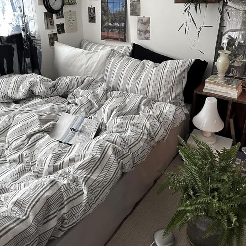 mixinni Washed Cotton Duvet Cover Twin Set - 3 Piece Gray & White Striped Bedding with Pillowcases - Vintage Industrial Style - 100% Cotton Soft Breathable-Twin Size