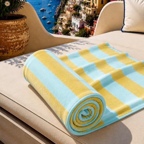 PETTI Artigiani Italiani - Microfibre Beach Towel, Beach or Pool Towel, Beach Lounger Towel, Large 90 x 180 cm, Stripes Yellow Ochre Sky Blue