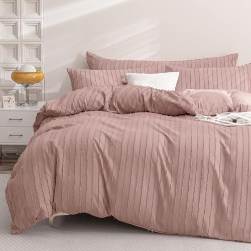 JELLYMONI Pink Duvet Cover Full Size Bedding - 3PCS Microfiber Tufted Duvet Cover Set, Boho Striped Tufted Textured Duvet Cover with Corner Ties & Zipper Closure