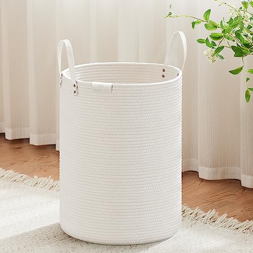 VIPOSCO 58L Tall Woven Rope Laundry Hamper, Leather Handles, White - Large Wicker Laundry Basket for Dirty Clothes, Blanket, Toy, Towel, Yoga Mat, Storage Bin in Bedroom, Bathroom, Living Room