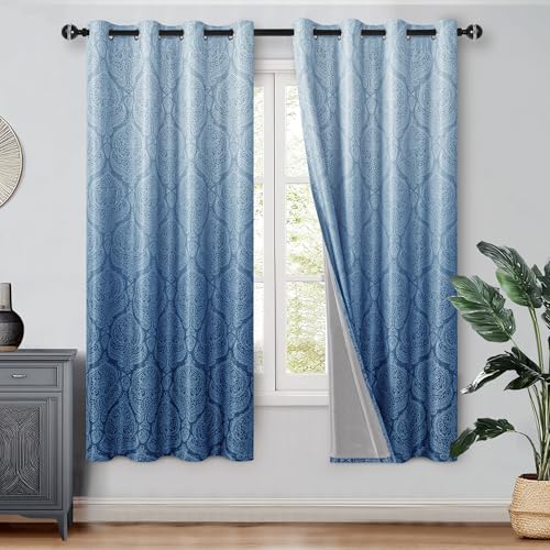 DWCN 100% Blackout Curtains for Bedroom 63 Inch Long - Double Layers Damask Patterned Ombre Energy Saving Grommet Drapes for Living Room, Gradient Window Curtain 2 Panels, 52 x 63 Length, Navy Blue