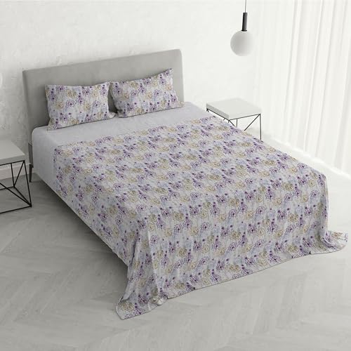 Watercolor Double Bed Set, 100% Cotton, Made in Italy – Top Sheet Set 255 x 300 cm + 2 Pillowcases 50 x 80 cm with Inner Flap – Frill in Plain Applied Colour, Digital Print – WT10