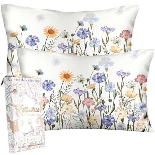 Miss Adola 2 Pack Silk Pillowcase - Queen Size 20 x 30 Inch Silky Pillow Case for Hair and Skin Soft Cute Aesthetic Bed Sleeping Pillow Cover with Zipper for Women, Colorful Flower