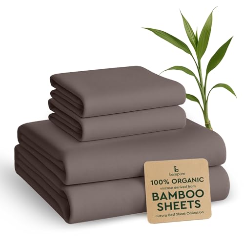 "BAMPURE 100% Rayon from Bamboo Sheets Queen Size - 4pc Cooling Sheets Queen - Breathable, Viscose Bamboo Cooling Sheets for Hot Sleepers - up to 16"" Deep Pocket - Ultra Soft Hotel Luxury Bed Sheets -Gray"