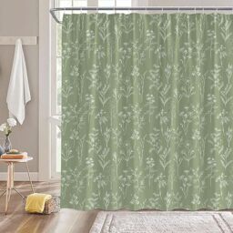 Sunhe Sage Green Botanical Shower Curtain Boho Herbs Floral Nature Cute Plant Leaves and Flowers Retro Rustic Farmhouse Vintage Fabric Bathroom Decor Fabric Curtain with Hooks