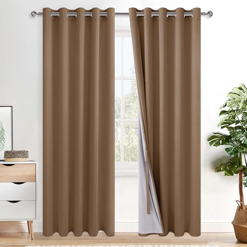 XWZO 100% Blackout Curtains 2 Panels with Tiebacks- Extra Wide Heat and Full Light Blocking Window Treatment with Grommets for Bedroom/Nursery, Cappuccino, W60 x L84 Inches Long, Set of 2