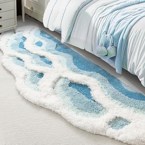 "ZSHIFANG Soft Shag 3D Stereo Wave Moss Bedside Rug 20""×36"" Cute Navy Blue Runner Rug Non Slip Washable Bathroom Rugs Bath Mats for Bedroom Bathroom Hallway Home Decor Indoor Doormat Shower Mat"
