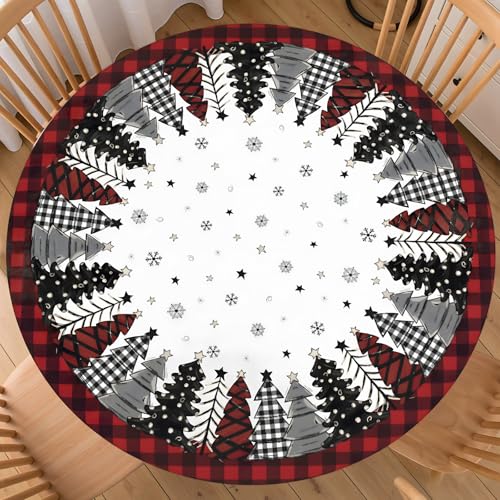 ABSOP Christmas Round Fitted Tablecloth with Elastic Edge 40-44 Inch Xmas Tree Table Cover Washable Red Black Plaid Tablecloth Winter Table Cloth for Kitchen Dining Party Picnic