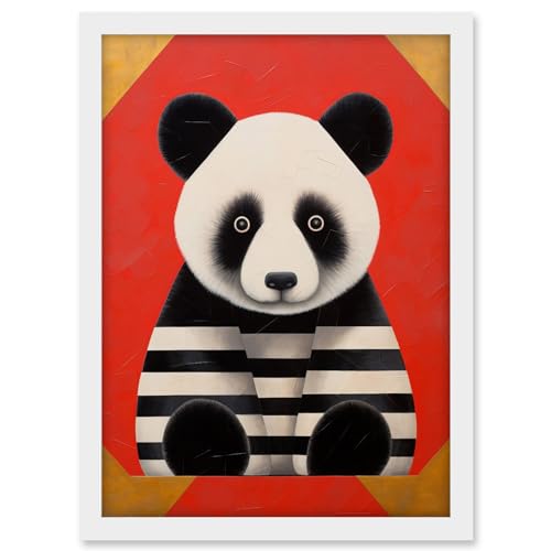 Artery8 Panda with Stripes Fun Kids Bedroom Baby Nursery Bright Bold Artwork Red Black White Artwork Framed A3 Wall Art Print