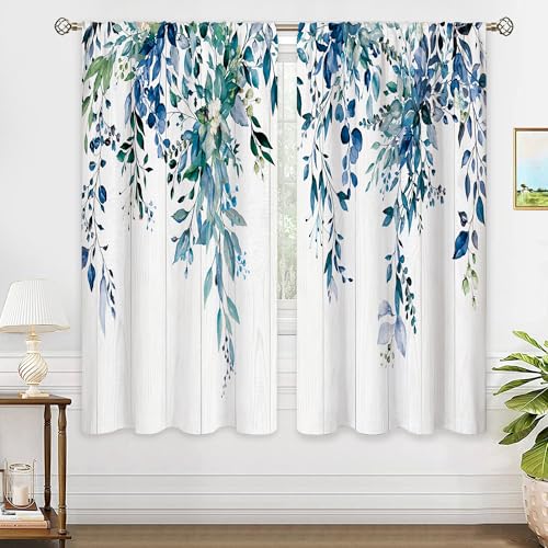 oolygoo Farmhouse Teal Eucalyptus Botanical Leaves Floral Window Curtains Blue Watercolor Wooden Flower Plant Wildflower Curtain Drapes Herb Curtains for Bedroom Living Room Treatment 42Wx63H Inch