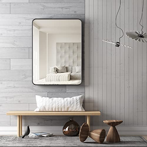 URnicehome 16x24 inch Black Bathroom Rectangle Mirror for Wall Decor Metal Frame Round Corner Matte Rectangular Mirror (Horizontal/Vertical)