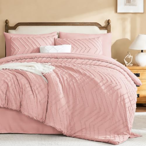 Litanika Blush Pink Full Size Comforter Set with Sheets - 7 Pieces Bed in a Bag Full Boho Tufted Complete Bedding Sets with Comforter, Sheets, Pillowcases & Shams