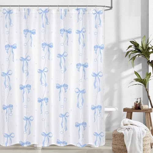 Blue Bow Shower Curtain for Bathroom Decor, Teen Girls Theme, 72x72In - Cute Girly Style, Waterproof Washable Fabric, for Home, Apartment