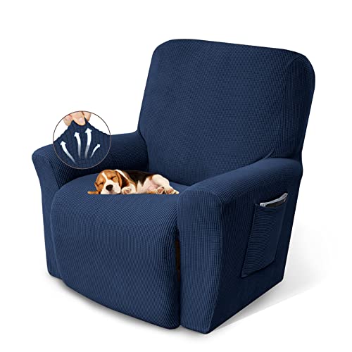 KEKUOU Recliner Covers Recliner Chair Covers Stretch Couch Cover Slipcovers 1 Piece Furniture Protector with Elastic Bottom for Kids,Pet. Jacquard Small Checked Pattern Fabric(Recliner, Navy Blue)