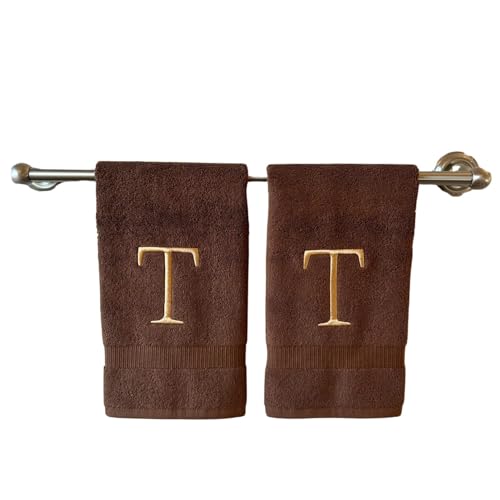 Brown with Beige Monogrammed Hand Towels for Bathroom - Set of 2 Letter T - Luxury Hotel Quality Initial Towels For Powder Room, Spa, GOTS Organic Certified