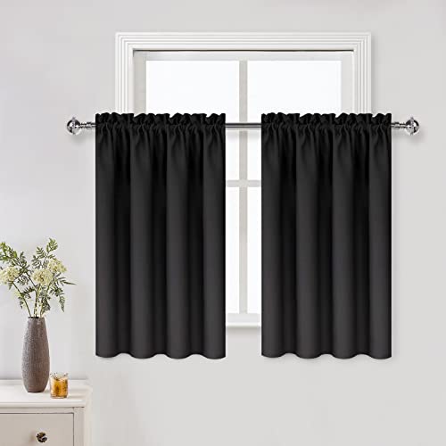 DWCN Blackout Curtains for Living Room Thermal Insulated, Energy Saving & Noise Reducing Bedroom Curtains, Black, W 52x L 36 Inch, Set of 2 Rod Pocket Curtain Panels