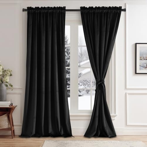 JIUZHEN Black Velvet Curtains for Living Room -108 inches Long Rod Pocket Thermal Insualted Room Darkening Window Drapes for Bedroom, Set of 2 Panels with Tiebacks, 70 x 108 inches