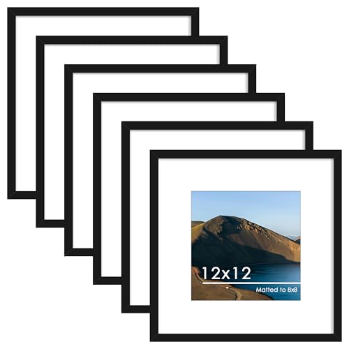 PEALSN 12x12 Picture Frame Set of 6, Display Pictures 8 x 8 with Mat or 12 x 12 Without Mat for Wall Mounting Display, Photo Frames Collage for Wall Decor, Black.