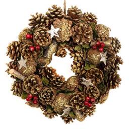 GreenBrokers Premium Quality Christmas Hanging Wreath 30cm- Festive Pine Cone Display with Gold Frosting, D1236