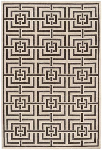 Safavieh Geometric Indoor/Outdoor Woven Rectangle Area Rug, Beachhouse Collection, BHS128, in Creme/Brown, 91 X 152 cm for Garden, Patio or Any Outdoor Space