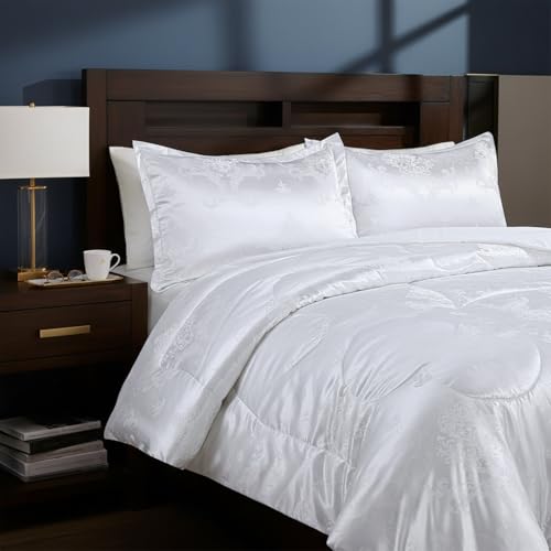 Raytrue-X White Comforter, All Season Silk Twin Comforter, Classical Jacquard Lightweight Bedding Comforter Sets, 3 Pieces Ultra Soft Microfiber Quilt Matching 2 Pillow Shams, Twin/Twin XL