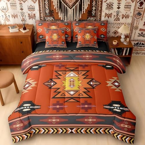 Erosebridal Western Queen Comforter Set with Sheets - Boho Decor Geometric 7 Piece Bedding Set Bohemian Aztec Bed in a Bag, Ethnic Tribal Arrow Room Decor,Red