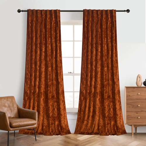 Roslynwood Crushed Luxury Velvet Orange Curtains for Bedroom 96 inches Long, Thermal Insulated Window Drapes Back Tab for Living Room/Dining Room, W52 x L96, 2 Panels