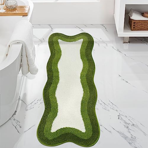 HAOCOO Bathroom Runner 18x47 inch, Green Non Slip Soft Bath Mat, Washable Absorbent Irregular Shape Bathroom Rug for Bedroom Aesthetic Bathtub Sink Shower