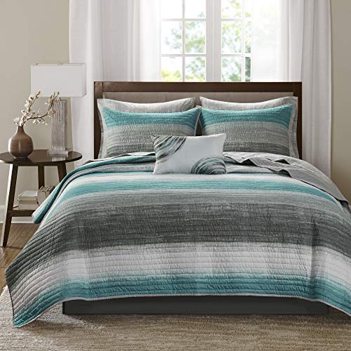 Madison Park All Season Cover, Decorative Pillow, Microfiber, Stripes Aqua Coverlet Biab 8pcs, Full (78 in x 86 in)