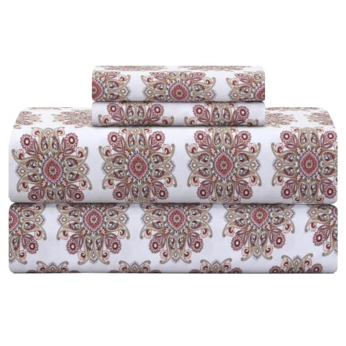 "Feather & Stitch 300TC King Size 100% Cotton Sateen Weave Printed Sheet Set, Cooling & Breathable Bed Sheets Set, 4 Piece 16"" Elastic Deep Pockets, Extra Soft Hotel Quality- King, Rose Paisley"