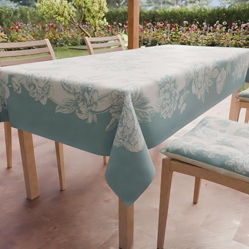 PETTI Artigiani Italiani - Stain Resistant Tablecloth Rectangular 140x360 cm 18 Seats, Wipe Clean Microfibre Kitchen Table Cover, Peonies Design Tiffany Green, 100% Made in Italy