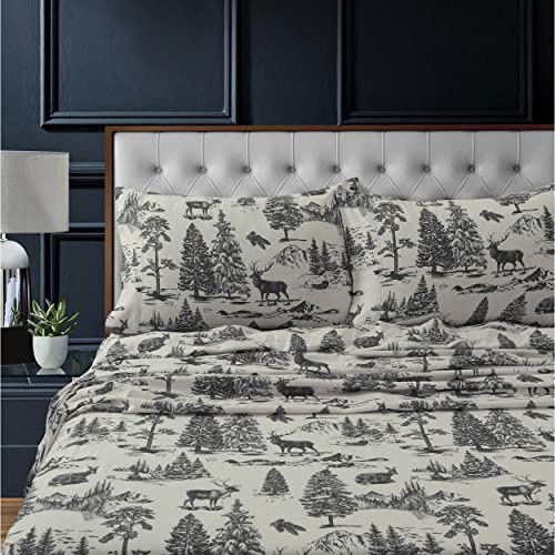 Tribeca Living Flannel Sheets Twin XL Size - 100% Cotton Flannel Sheet Set, 200 GSM Deep Pocket Twin XL Flannel Sheets, 3 Piece Ultra Soft Brushed Cotton Flannel Sheet in Deer Toile Charcoal Print