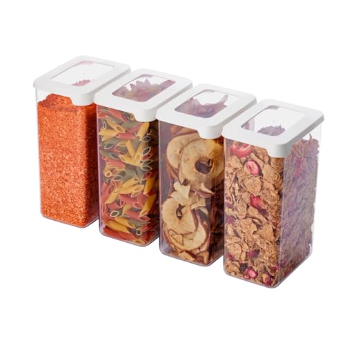 SmartStore Clear Airtight Food Containers with Lids 4x 1.6L - 12.5x9x20cm - Plastic storage boxes and air tight container for cereal, flour, pasta and rice, pantry organiser, spaghetti and pasta jar